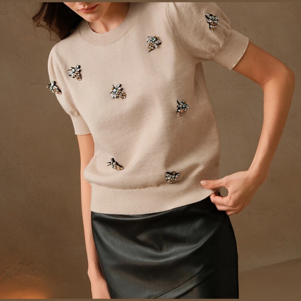 Cream Rhinestone Bee Embellished Puff Sleeve Knit Top